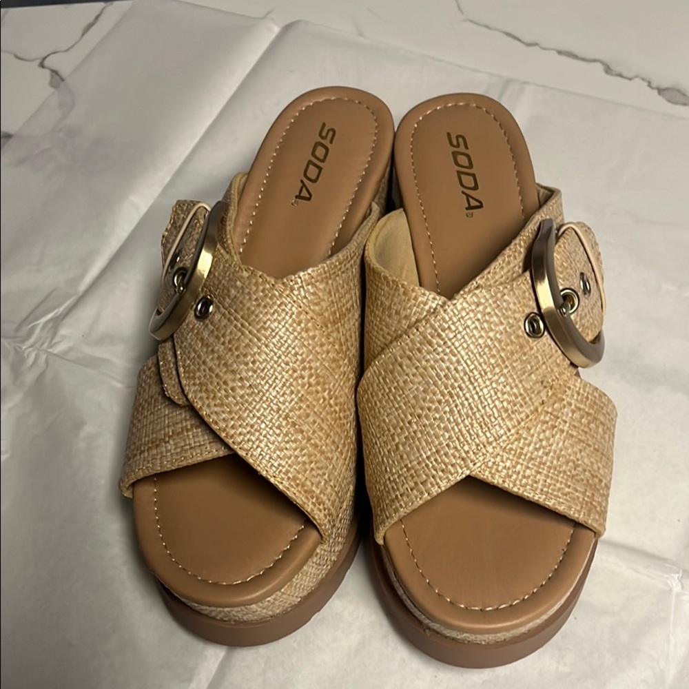 Soda Tan Sandals with Woven Straps and Buckle - Picture 2 of 3